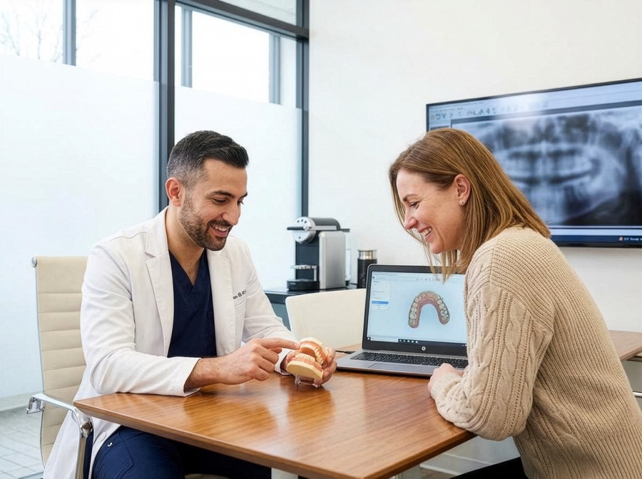 Dentist ready to discuss treatment options during an All-on-4 consultation.