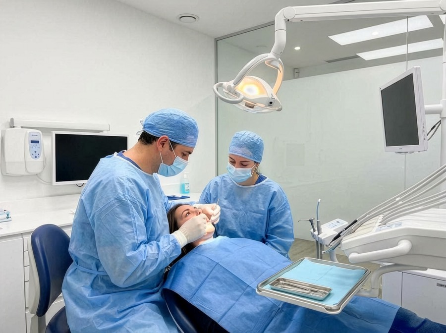 Illustration of implants supporting a full-arch All-on-4 restoration.